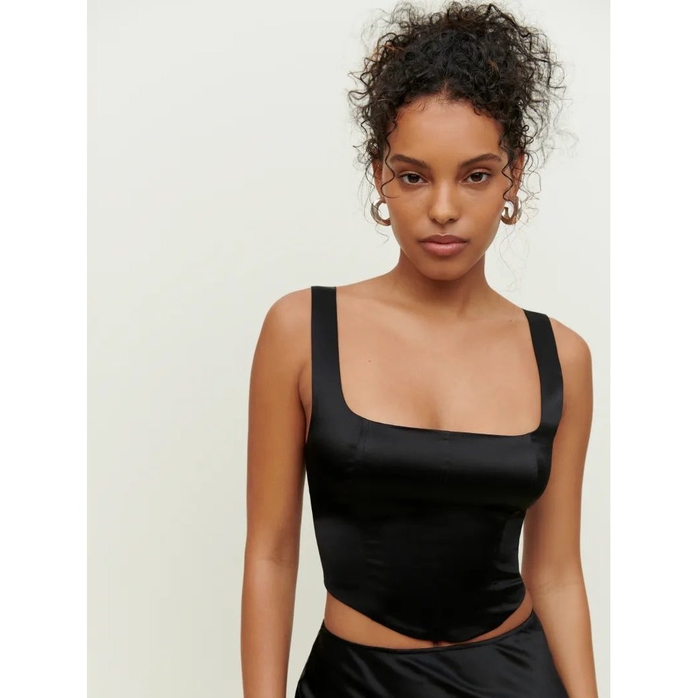 Reformation Sorrento Silk Top Black Corset Square Neck 100% Silk Tank Size 0